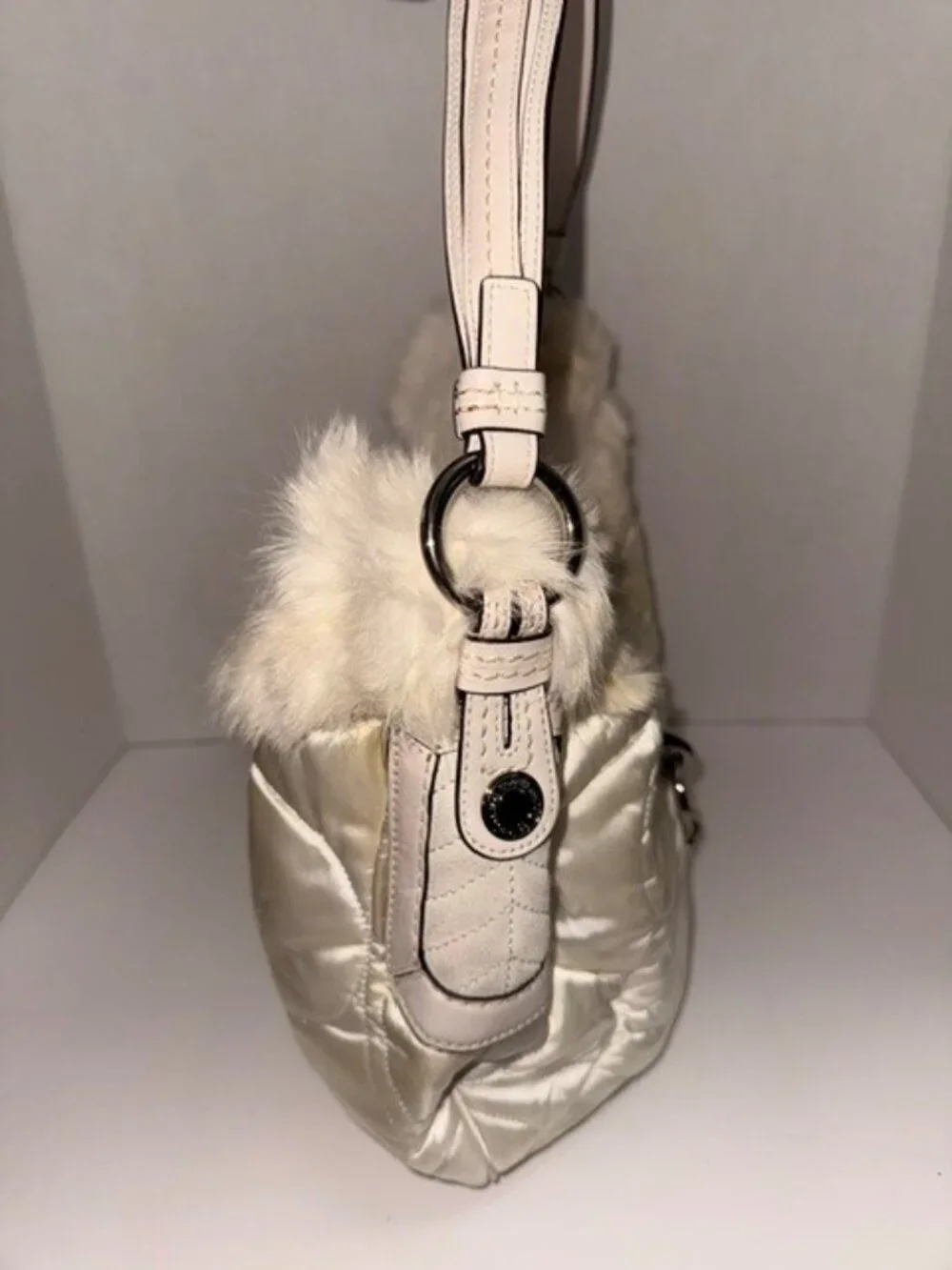 🤍 Authentic Coach White Satin & Faux Fur Hobo Bag